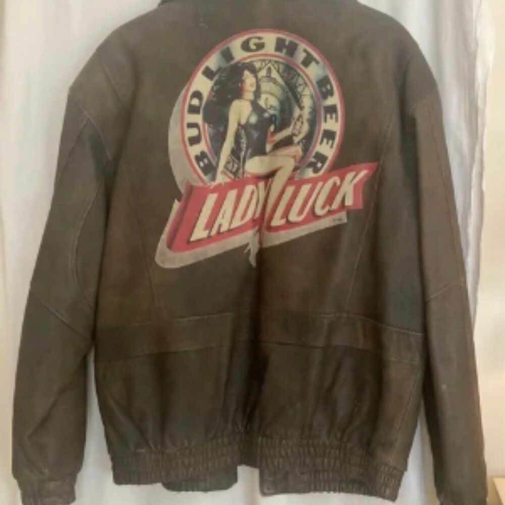 Vintage Rare 90’s Bud Light Beer Lady Luck Leather Jacket Size L
